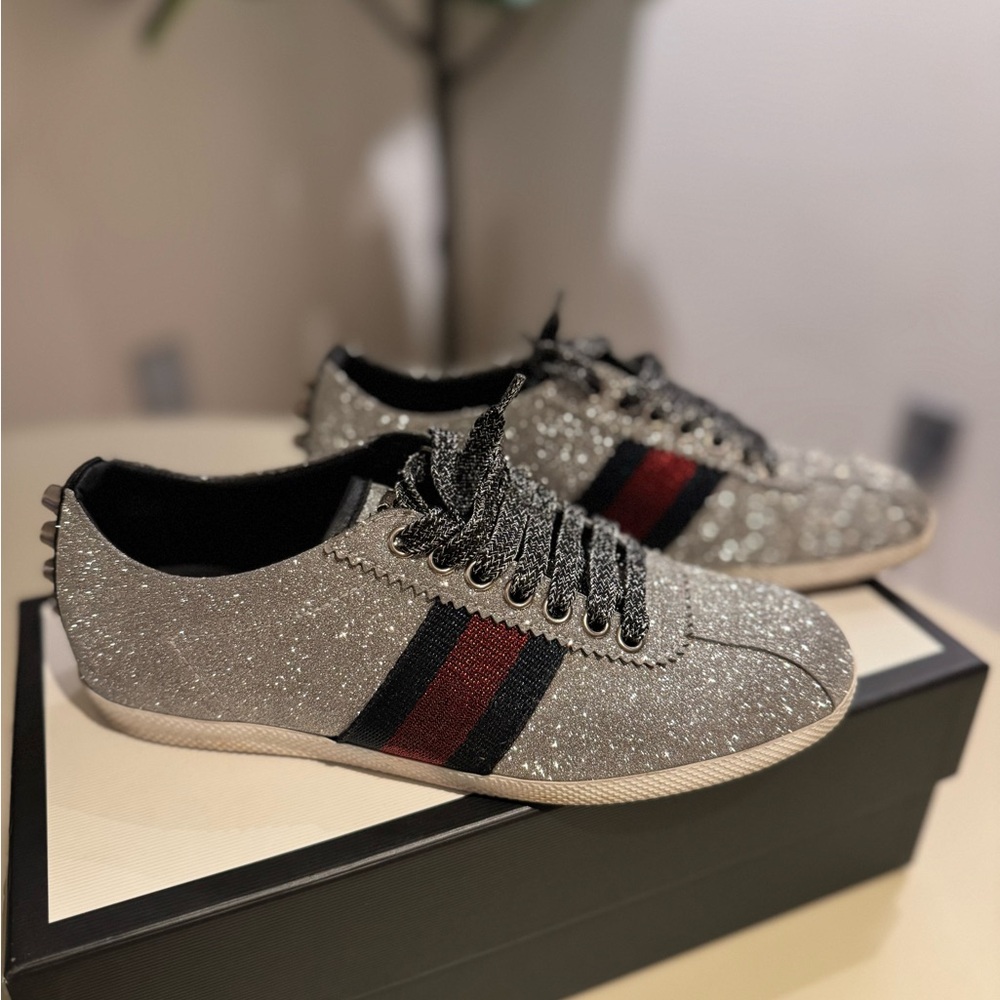 Authentic Gucci 
Stylish Silver Glitter Sneakers - Picture 4 of 5